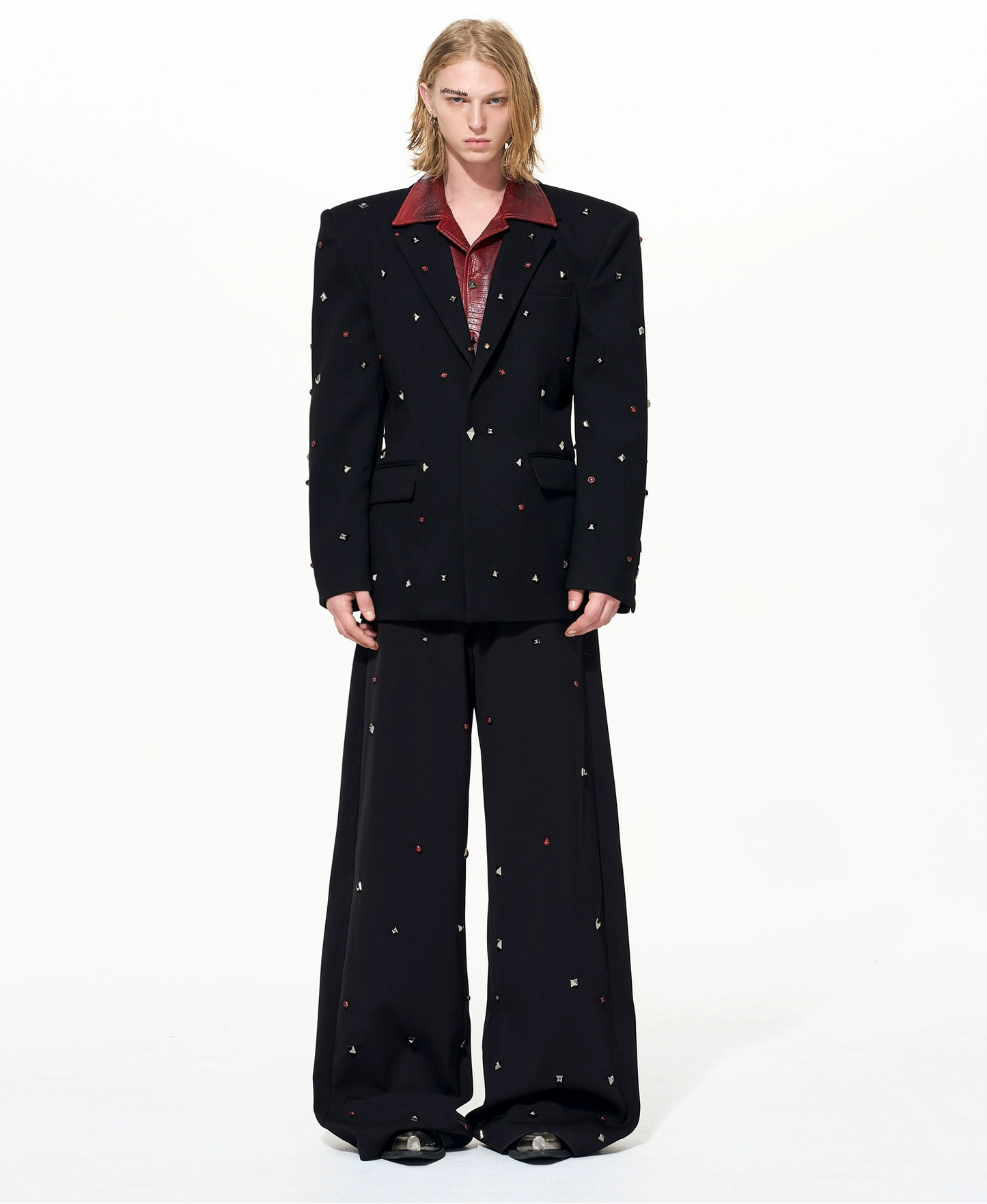 PU Leather Fake Layered Studs Design Tailored Jacket & Wide Leg Trousers Setup WN22648