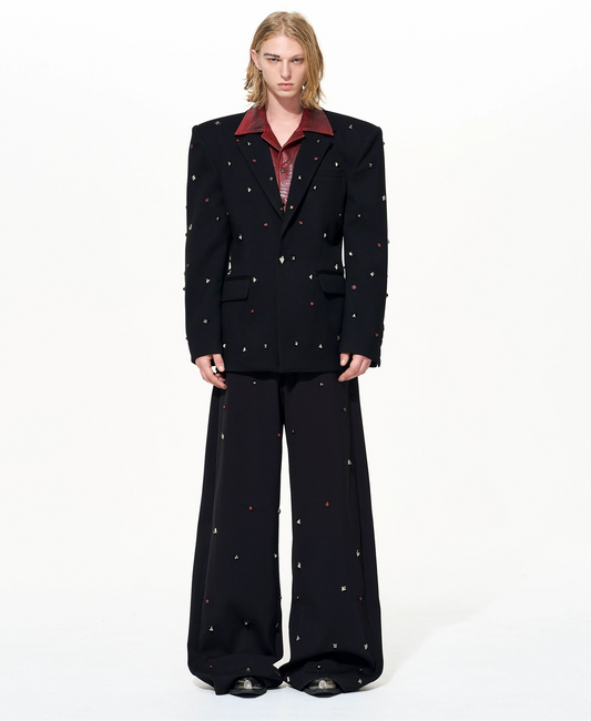 PU Leather Fake Layered Studs Design Tailored Jacket & Wide Leg Trousers Setup WN22648