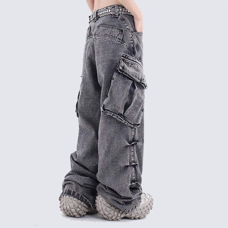 Washed Stacked Wide Leg Cargo Denim Jeans WN27943