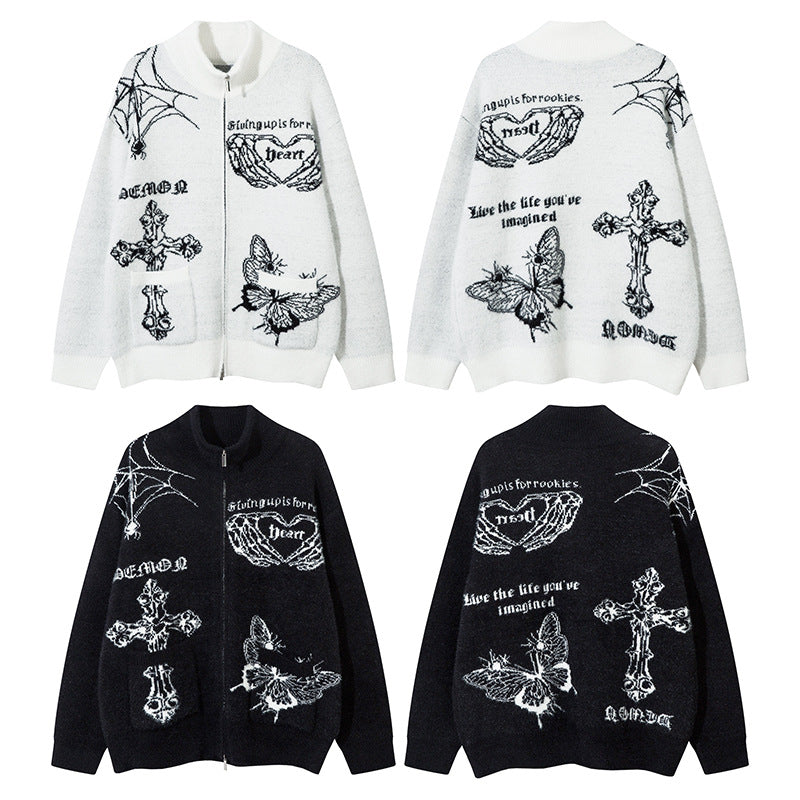 Butterfly Cross Design Oversize Zipper Knit Cardigan WN11170