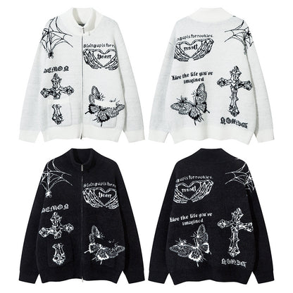 Butterfly Cross Design Oversize Zipper Knit Cardigan WN11170