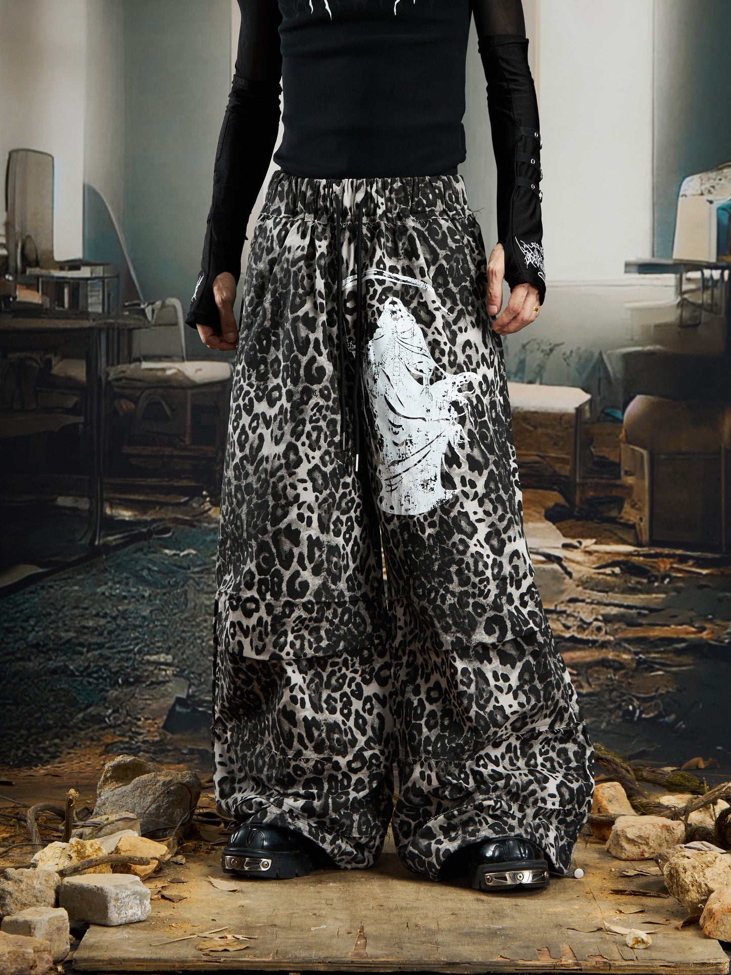 Leopard Print Pleats Wide Leg Pants WN22766