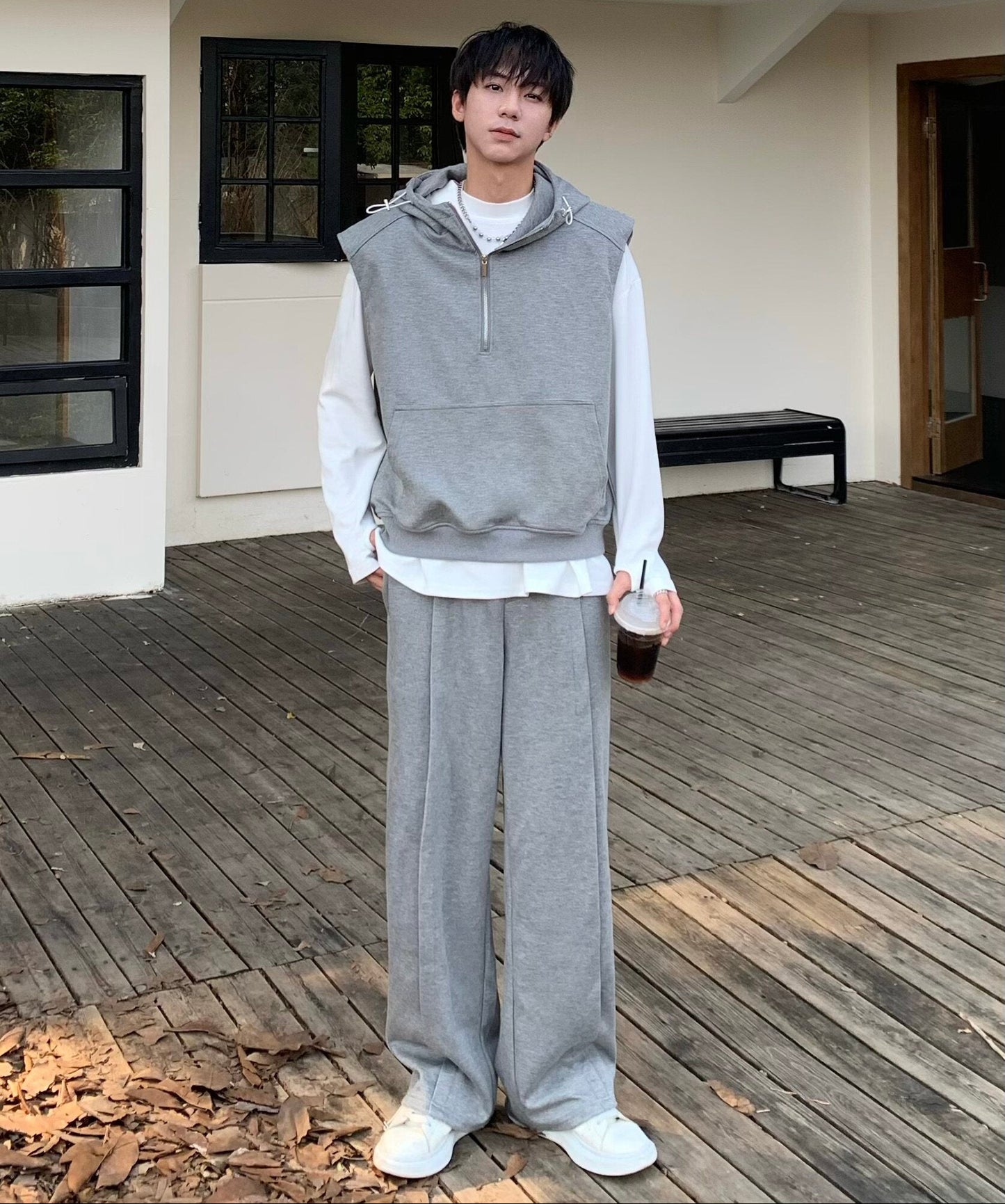 Half-Zip Hooded Vest & Wide Leg Pants Setup WN25281