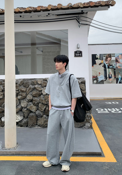 Standing-Collar Button Short Sleeve T-Shirt & Wide Leg Sweatpants Setup WN25022