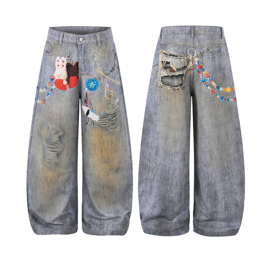 Washed Damage Embroidery Wide Leg Denim Jeans WN25388