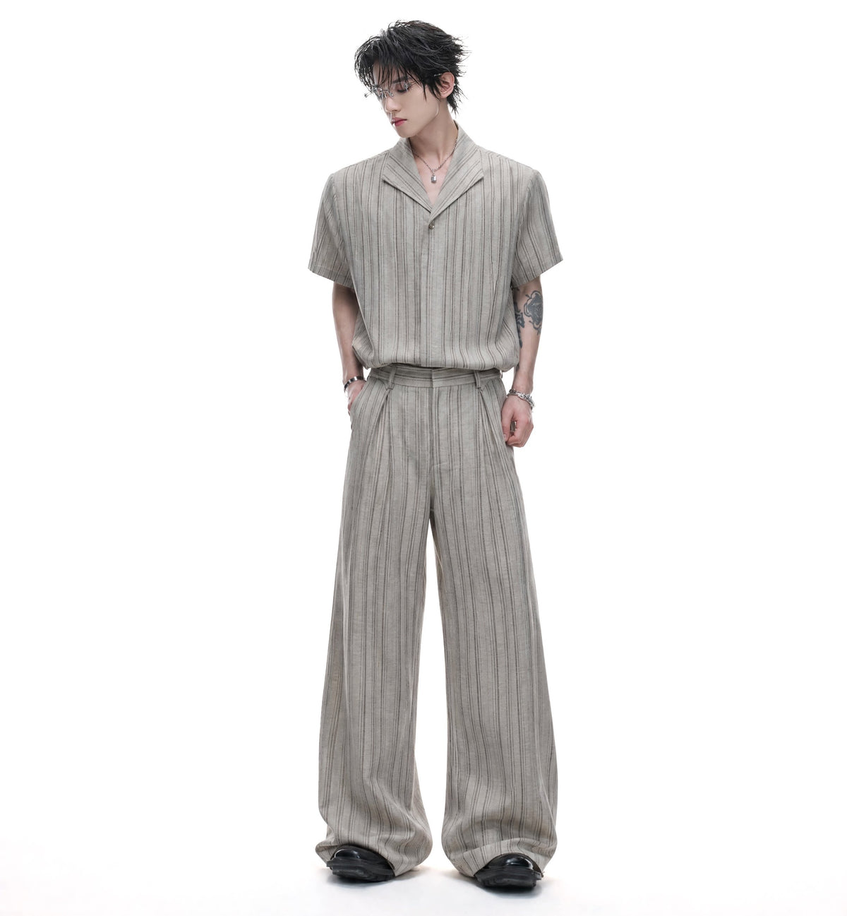 Cuban-Collar Stripe Short Sleeve Shirt & Wide Leg Pants Setup WN27022