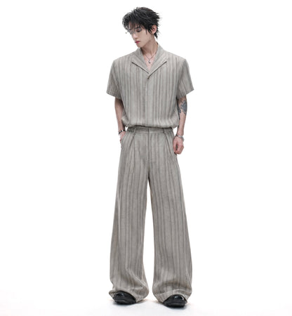 Cuban-Collar Stripe Short Sleeve Shirt & Wide Leg Pants Setup WN27022