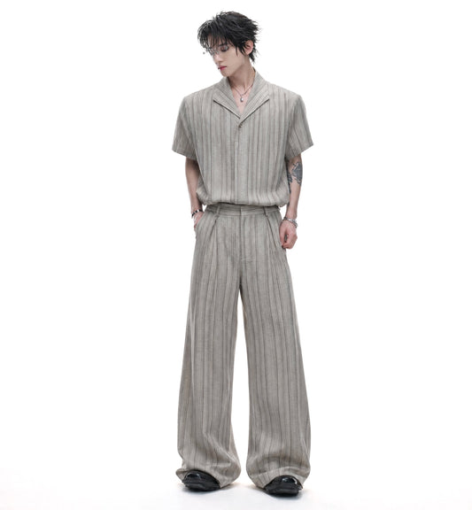 Cuban-Collar Stripe Short Sleeve Shirt & Wide Leg Pants Setup WN27022