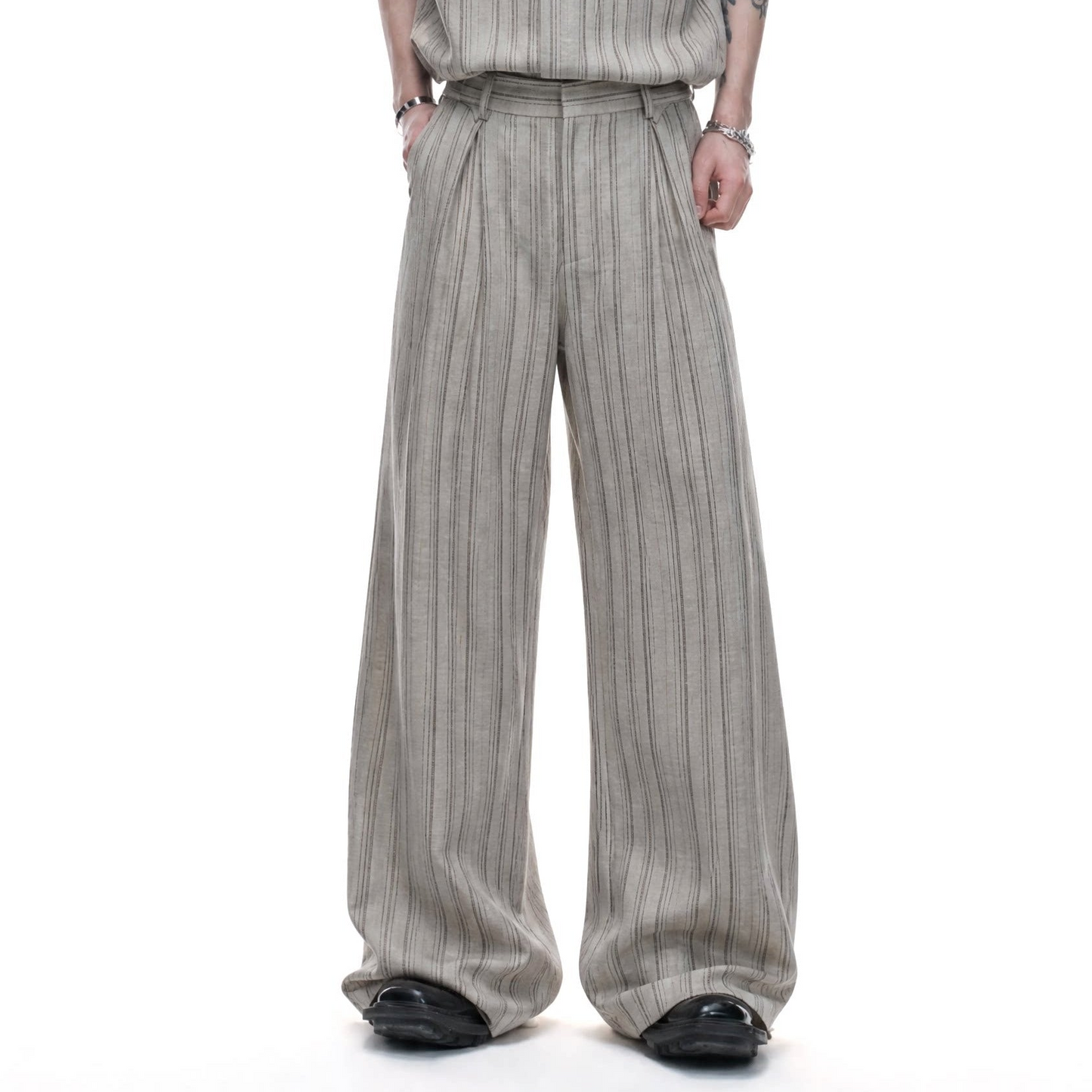 Cuban-Collar Stripe Short Sleeve Shirt & Wide Leg Pants Setup WN27022