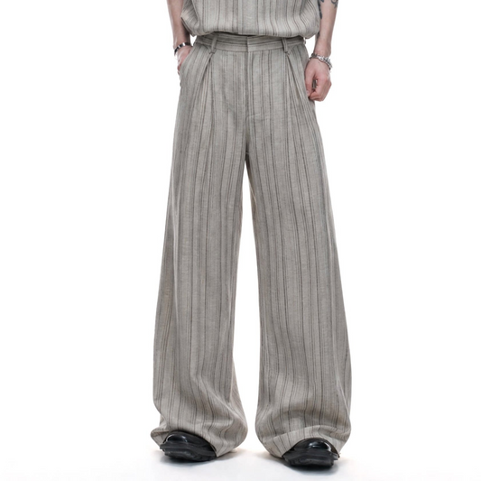 Cuban-Collar Stripe Short Sleeve Shirt & Wide Leg Pants Setup WN27022