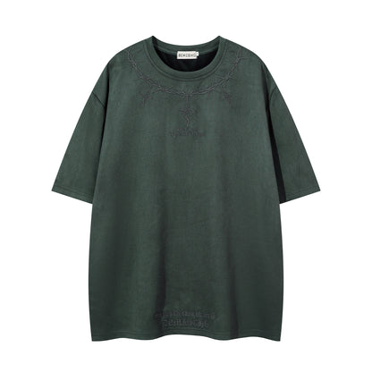 Thorn Embroidery Suede Oversize Short Sleeve T-Shirt WN16216