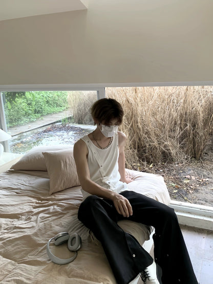 Asymmetrical Button Design Sleeveless T-Shirt WN19839