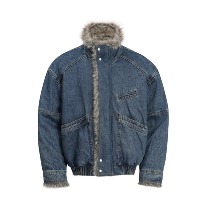 Denim Patchwork Eagle Patch Fake Fur Padded Jacket WN22913