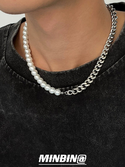 Pearl Cuban Chain Titanium Steel Necklace & Bracelet & Pendant WN19223