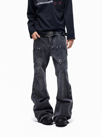 Multi-Pocket Panel Washed Wide Leg Denim Jeans WN27345