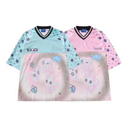 Cartoon Graphic Print V-Neck Short Sleeve T-Shirt WN25590