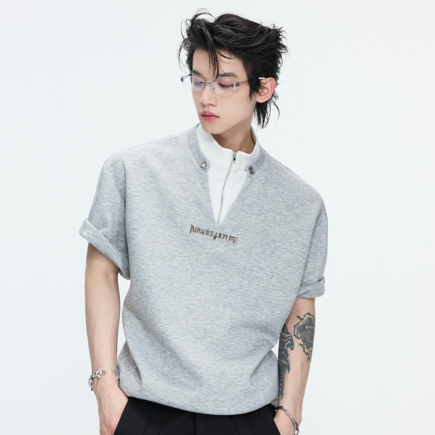 Fake Layered Stand Neck Boxy Short Sleeve T-Shirt WN26981