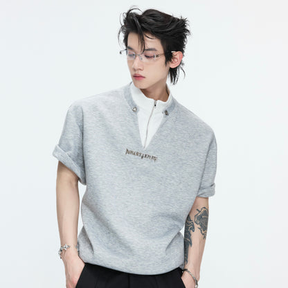 Fake Layered Stand Neck Boxy Short Sleeve T-Shirt WN26981