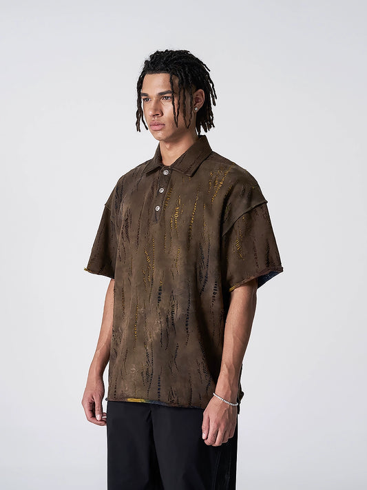 Wavy Pattern Raw Edge Print Short Sleeve Shirt WN17513