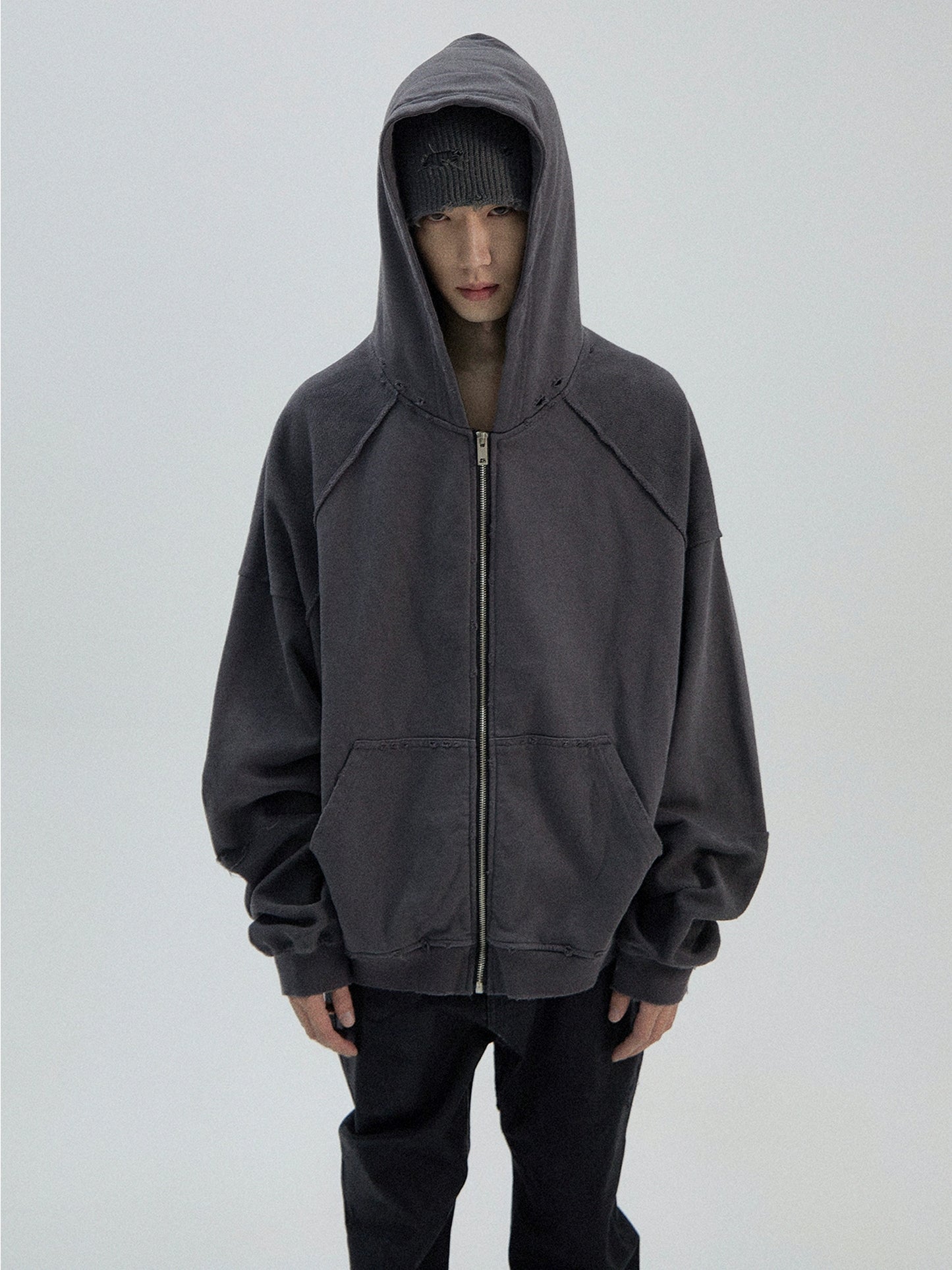 Oversize Zipper Damage Hoodie WN8784