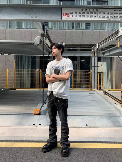 Washed Damage Zipper Design Flare Denim Jeans WN15754