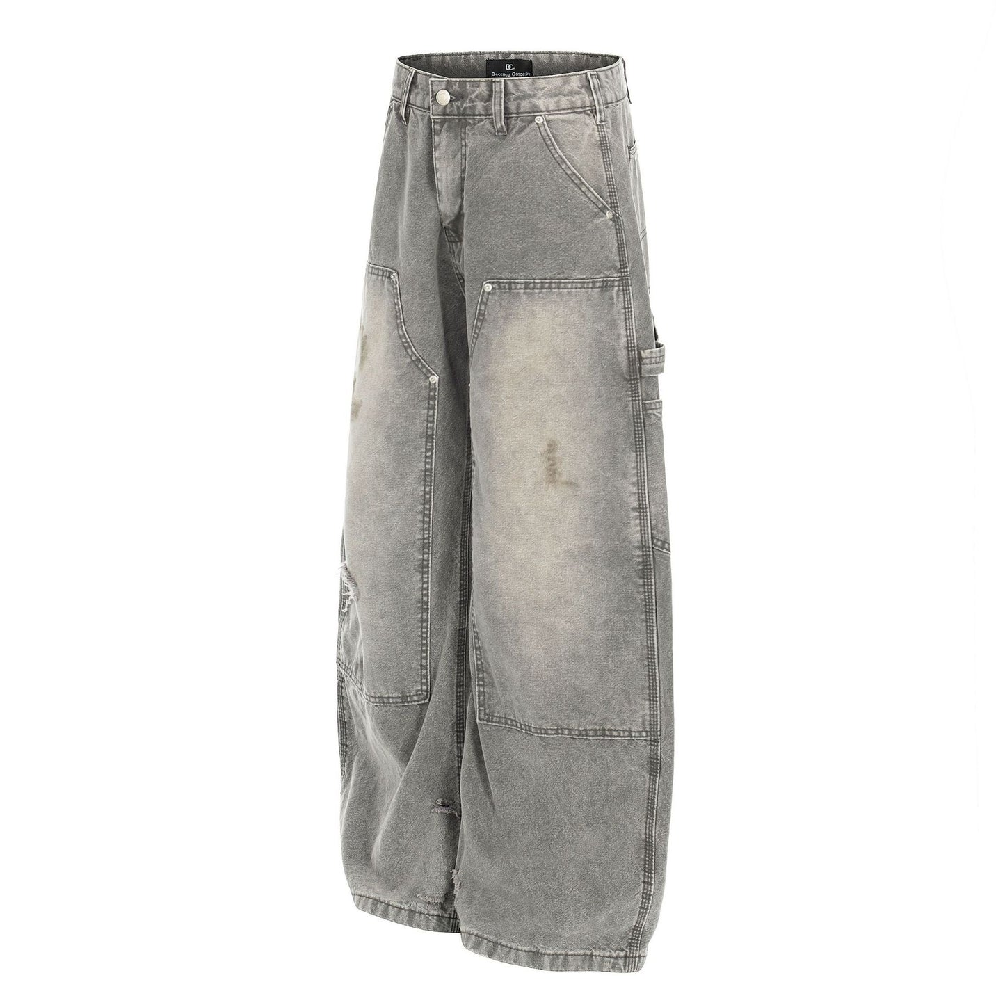 Dirty Washed Damage Panel Wide Leg Denim Jeans WN25917