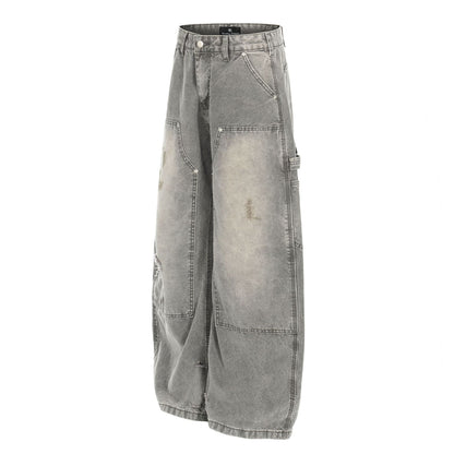 Dirty Washed Damage Panel Wide Leg Denim Jeans WN25917