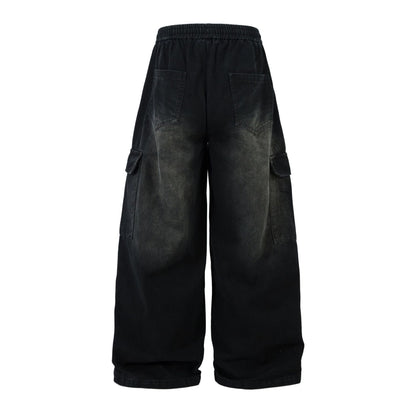 Washed Whisker Cargo Wide Leg Denim Jeans WN25976