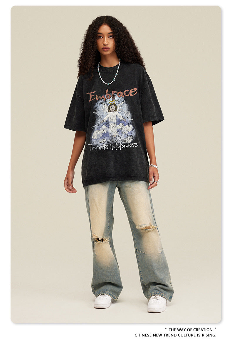 Oversize Angel Print Round Neck Short Sleeve T-Shirt WN7893