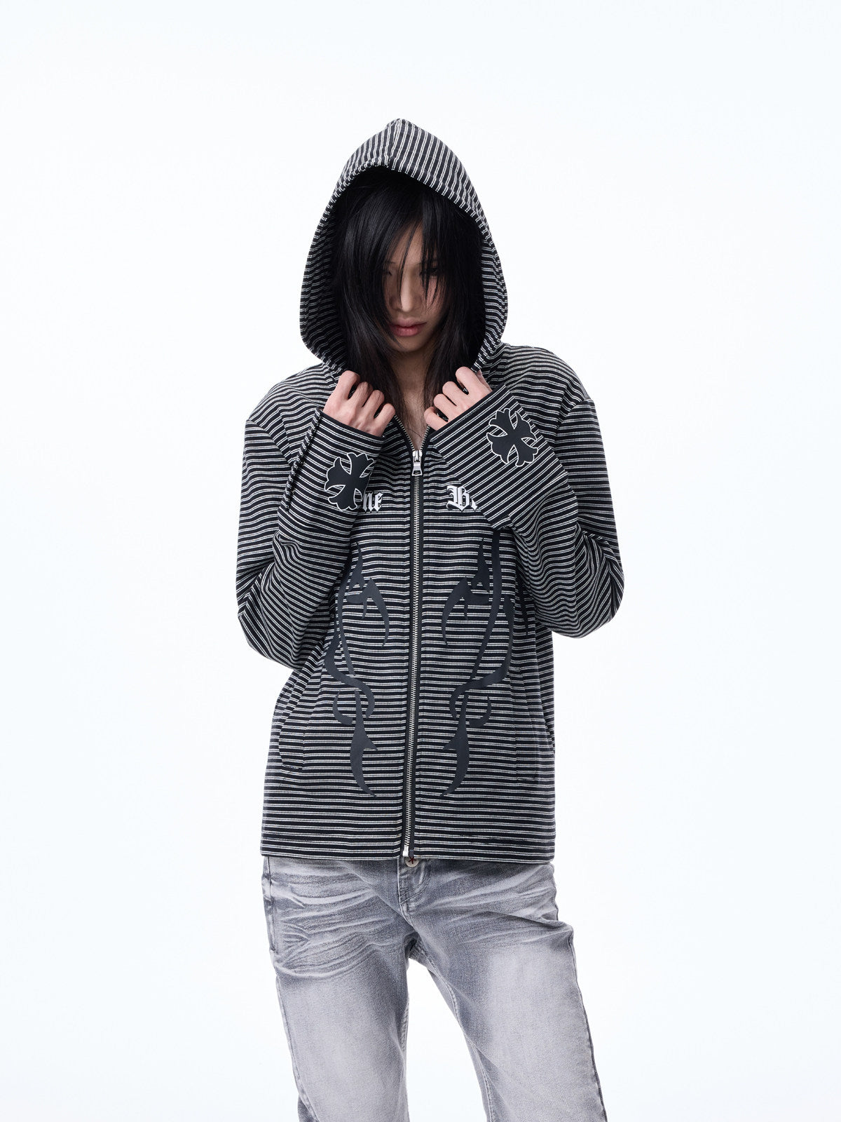 Striped Print Cropped Zipper Hoodie WN27274