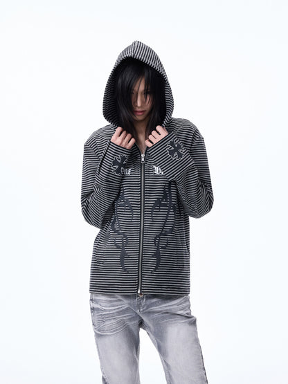 Striped Print Cropped Zipper Hoodie WN27274