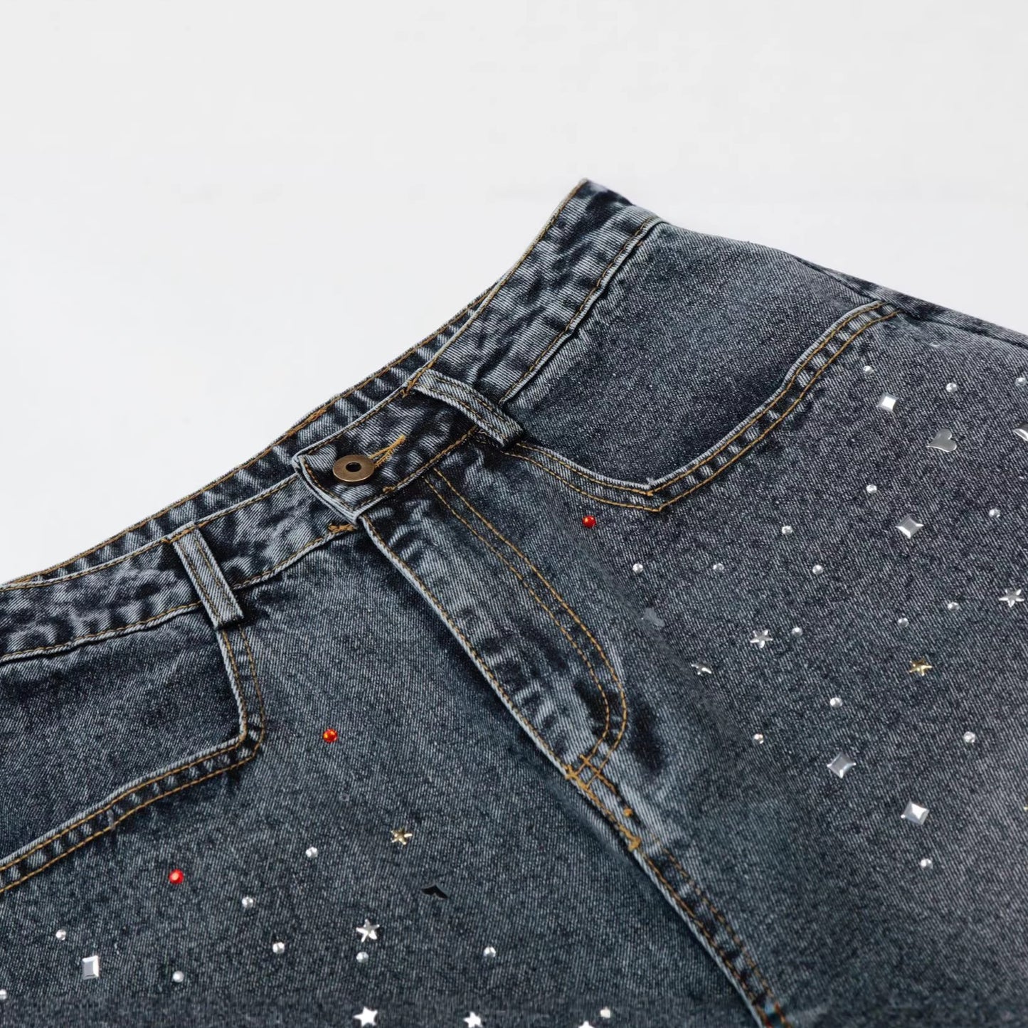 Washed Rhinestone Denim Wide Leg Half Pants WN25697