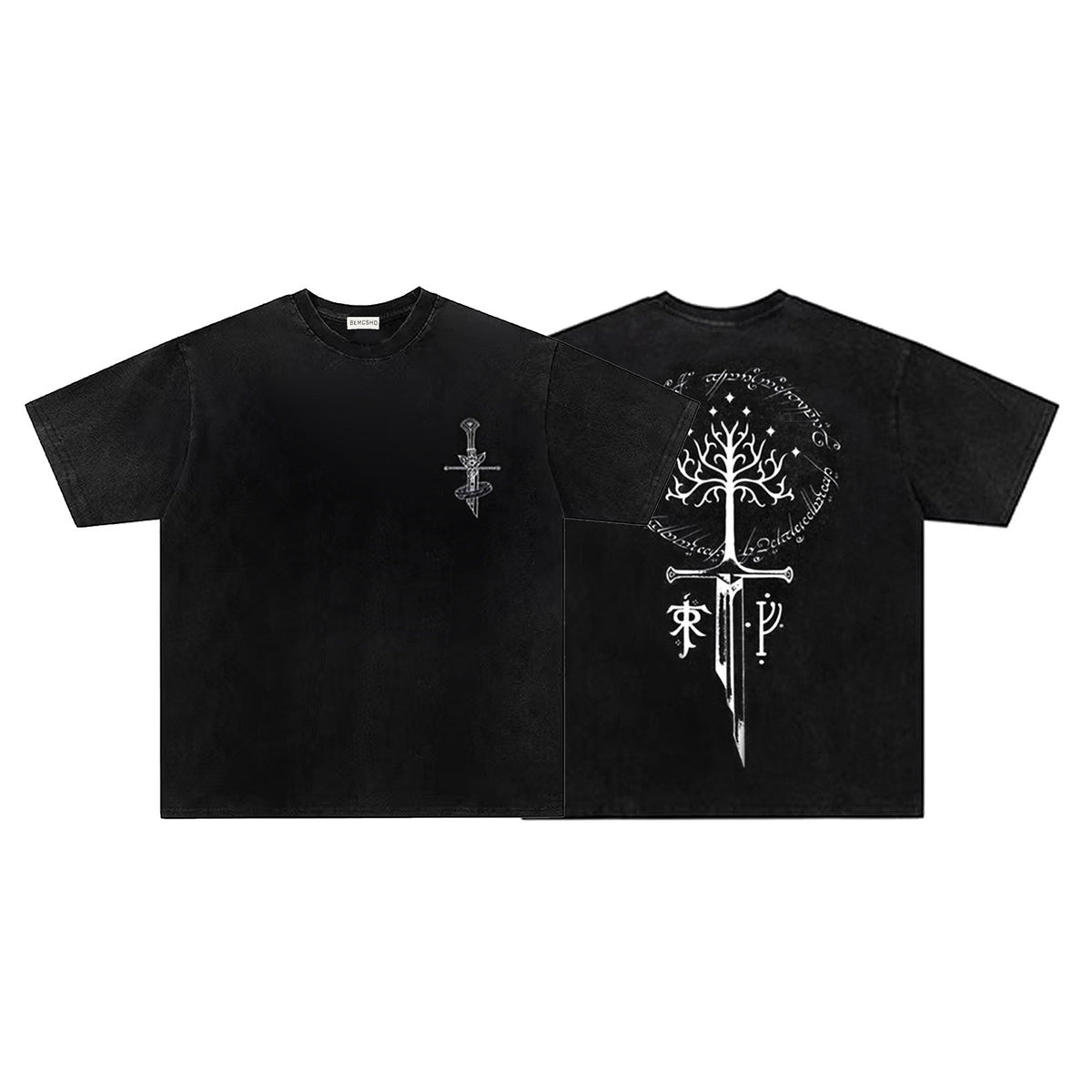 Washed Broken Sword Sacred Tree Print Short Sleeve T-Shirt WN26903