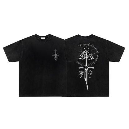 Washed Broken Sword Sacred Tree Print Short Sleeve T-Shirt WN26903