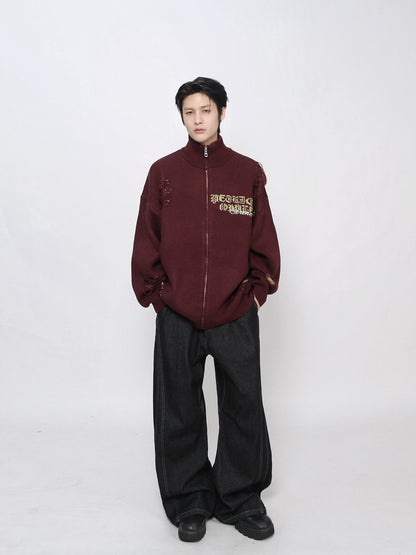 Damage Zipper High-Neck Oversize Knit Cardigan WN24422