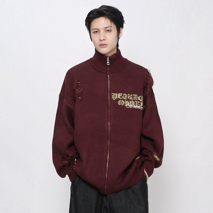 Damage Zipper High-Neck Oversize Knit Cardigan WN24422