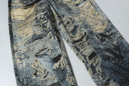 3D Graffiti Print Washed Wide Leg Denim Jeans WN18595