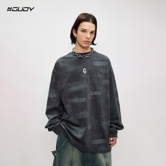 Hand-Paint Cracked Print Cotton Long Sleeve T-Shirt WN12442