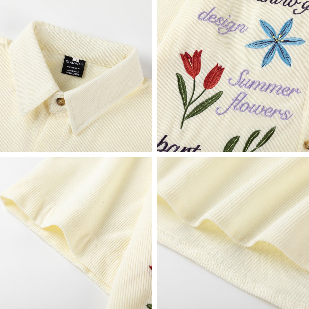 Corduroy Floral Embroidery Short Sleeve Shirt WN26835
