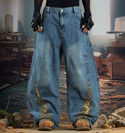 Deconstruction Splicing Leopard Washed Wide Leg Denim Jeans WN21361