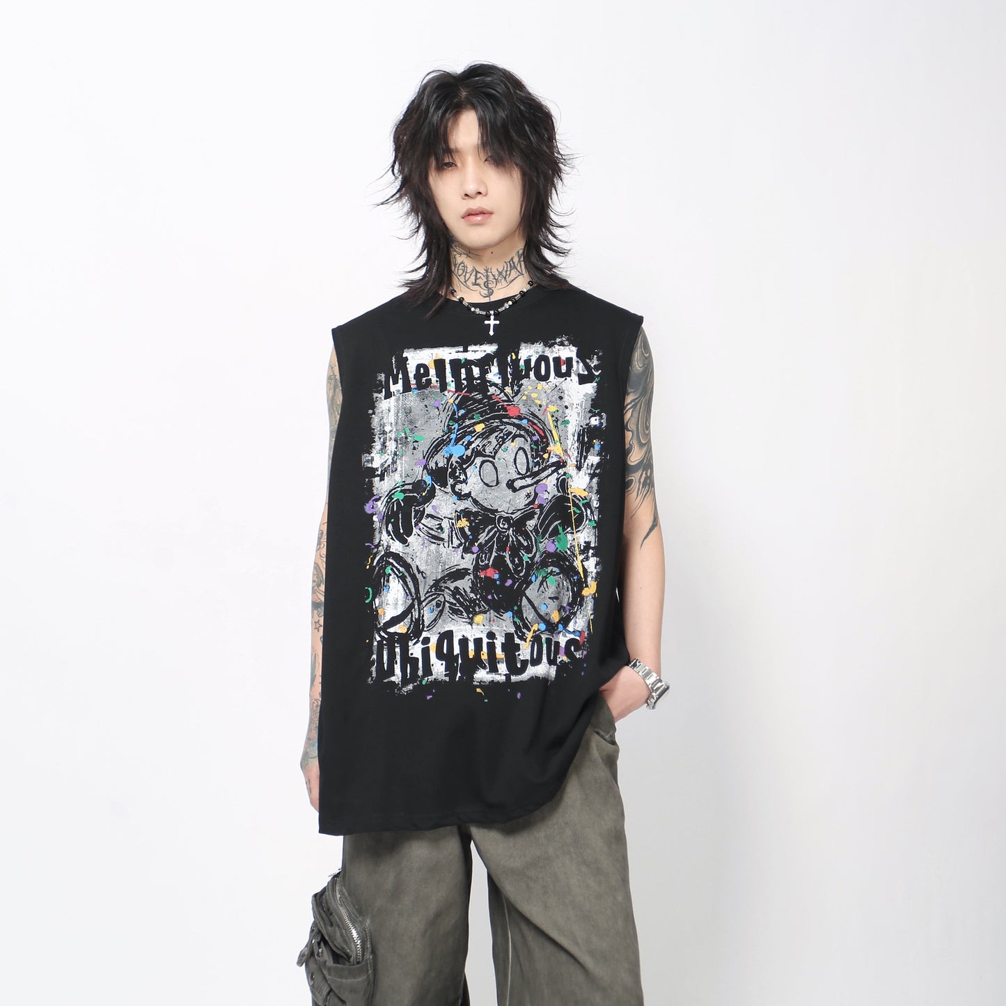 Graffiti Cartoon Graphic Print Oversize Sleeveless T-Shirt WN24435