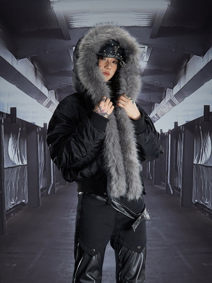 Detachable Fur Collar Pleated Sleeve Studded Hooded Fleece Jacket WN22841