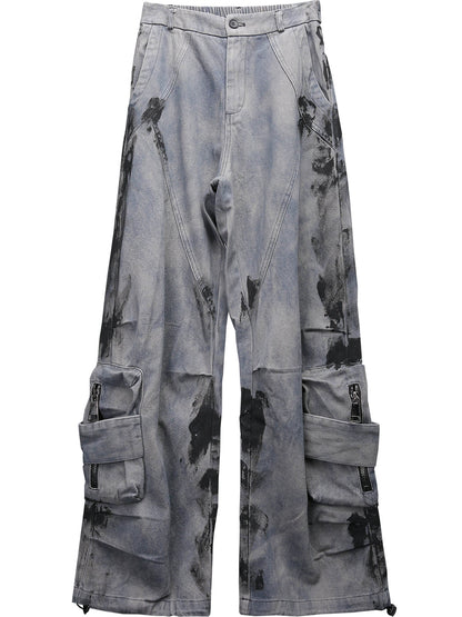 Graffiti Tie-Dye Fleece Lining Wide Leg Cargo Pants WN22463
