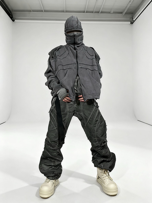 Detachable Shoulder Washed Zipper Hooded Jacket WN22001