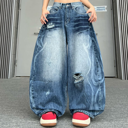 Wash Damege Baggy Denim Jeans WN24164