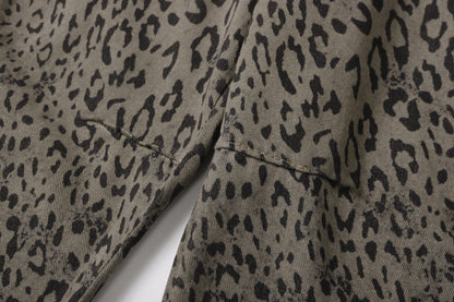 Leopard Print Curved Straight Wide Leg Denim Jeans WN25675