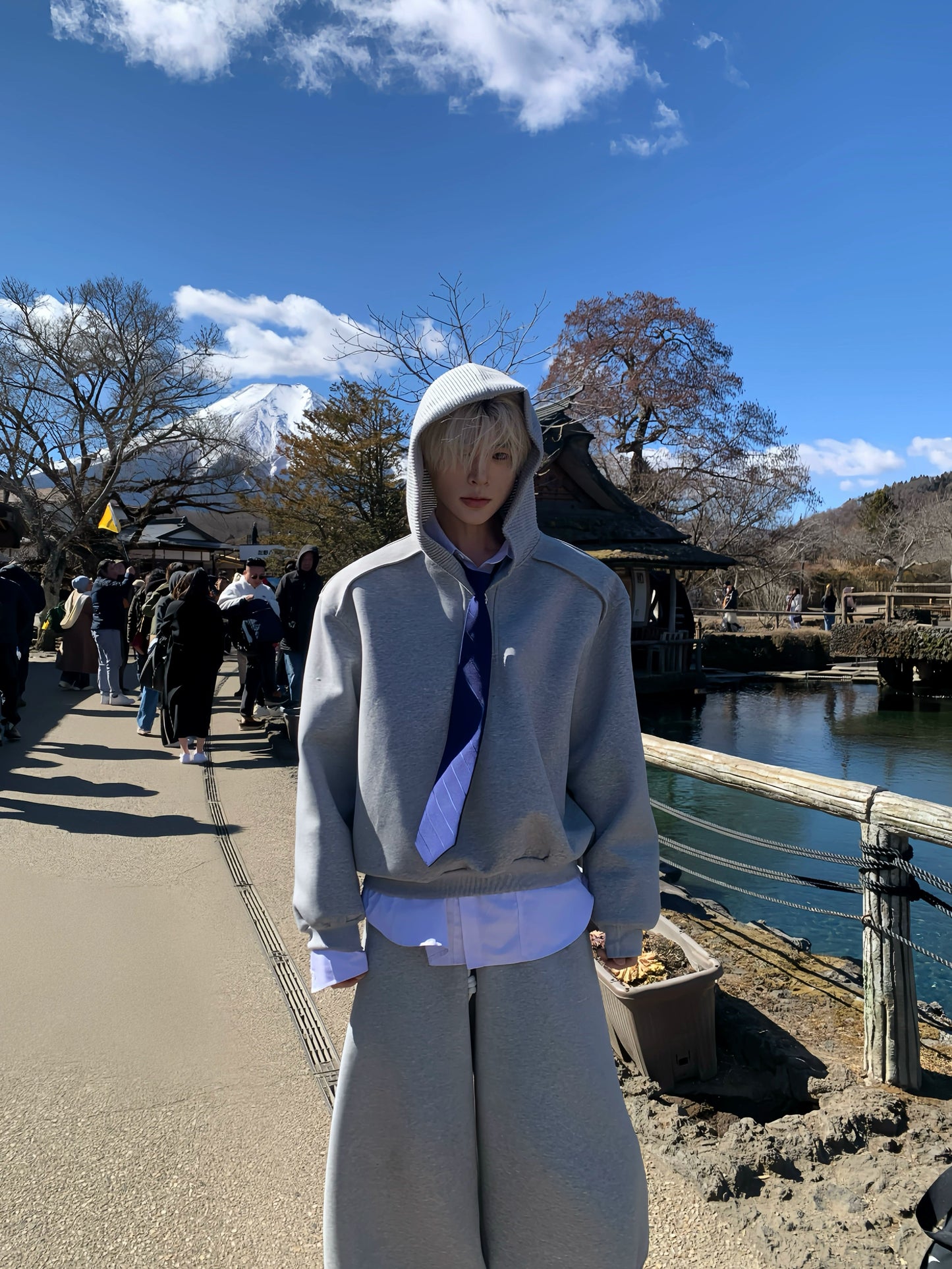 Plain Patchwork Oversize Hoodie & Tie WN19744