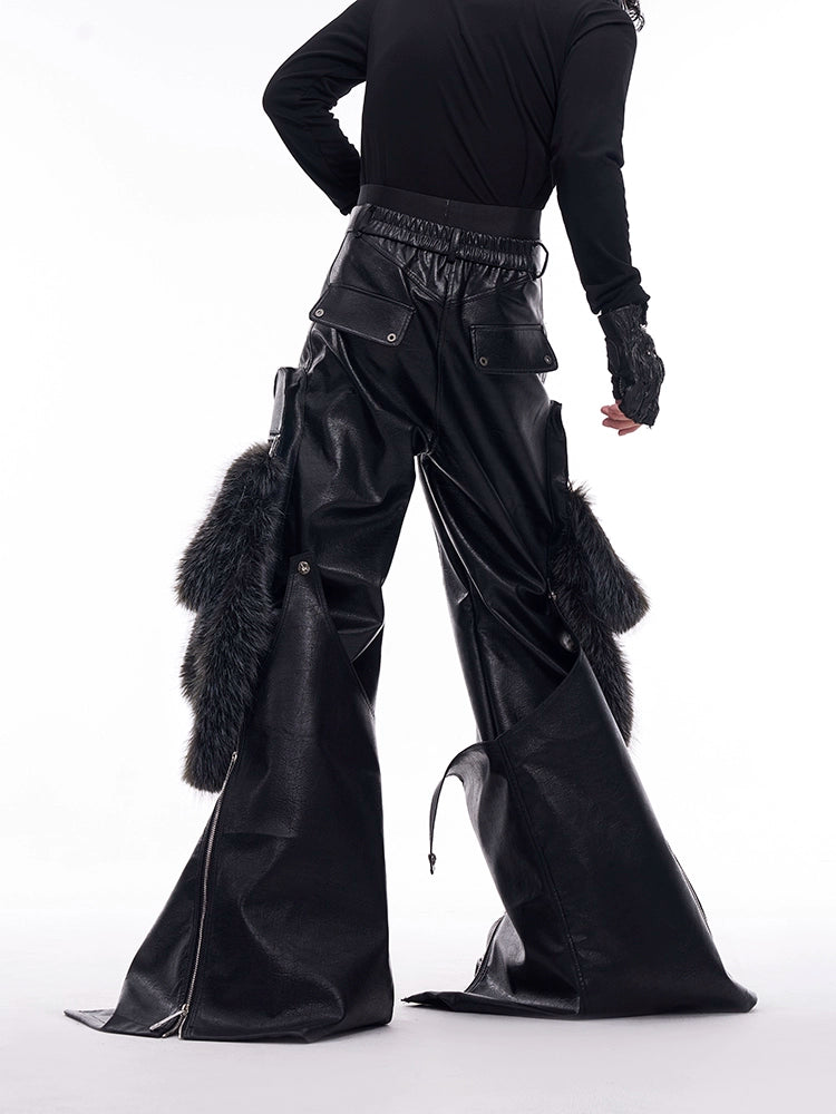 Fake Fur Patchwork PU Leather Wide-Leg Pants WN11681