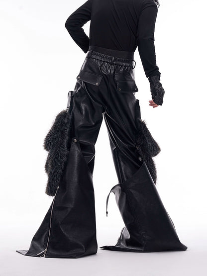 Fake Fur Patchwork PU Leather Wide-Leg Pants WN11681