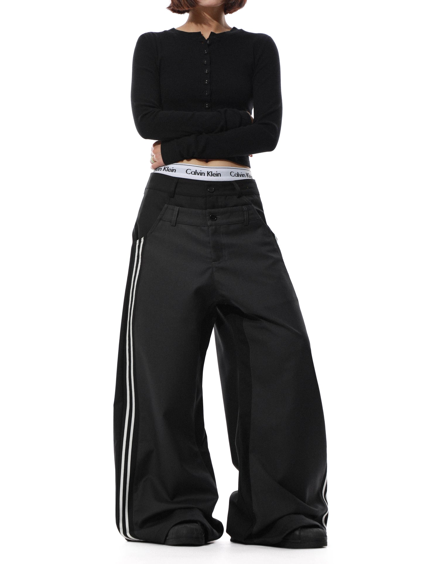 Double Waistband Stripe Patch Wide Leg Pants WN22096